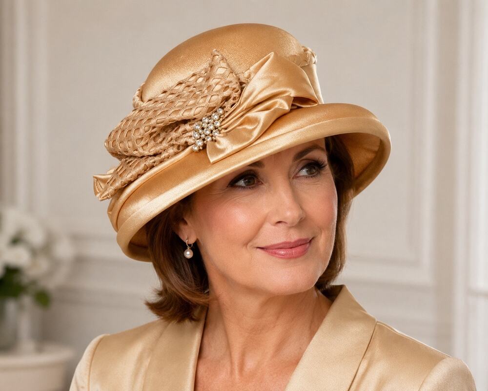 Hi's Glance Women's Church Derby Hat Gold Satin Rhinestone Bow One Size Southern